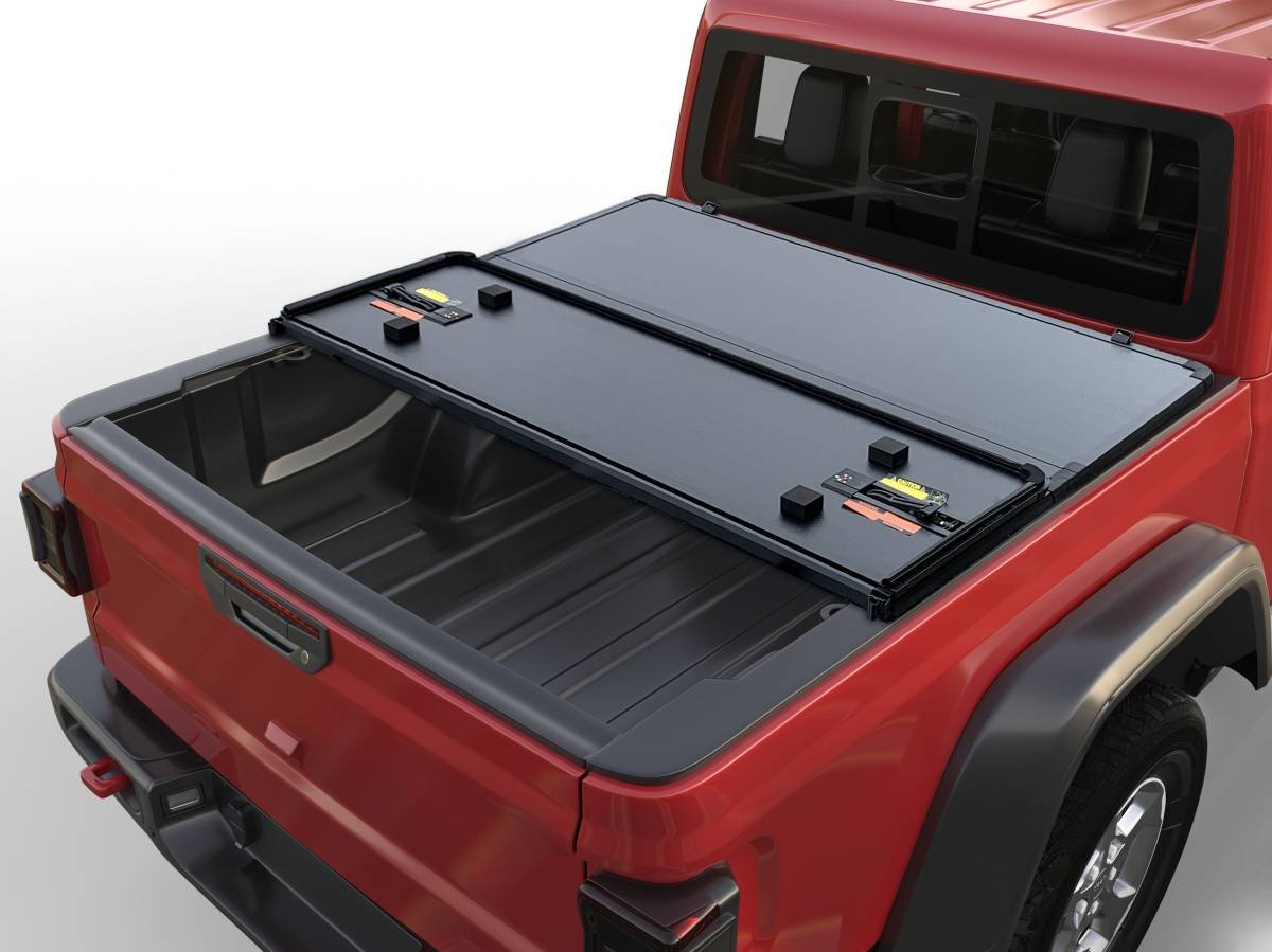 Airplex hard folding tonneau cover open on a truck bed
